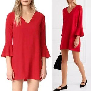 Alice + Olivia Red 3/4 Bell Sleeves V Neck Mini Shift Dress